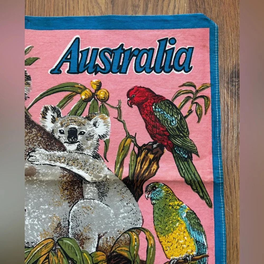 Vintage Pink Calendar Tea Towel 1980 Australia Cotton 28”x17.5” Koalas Birds